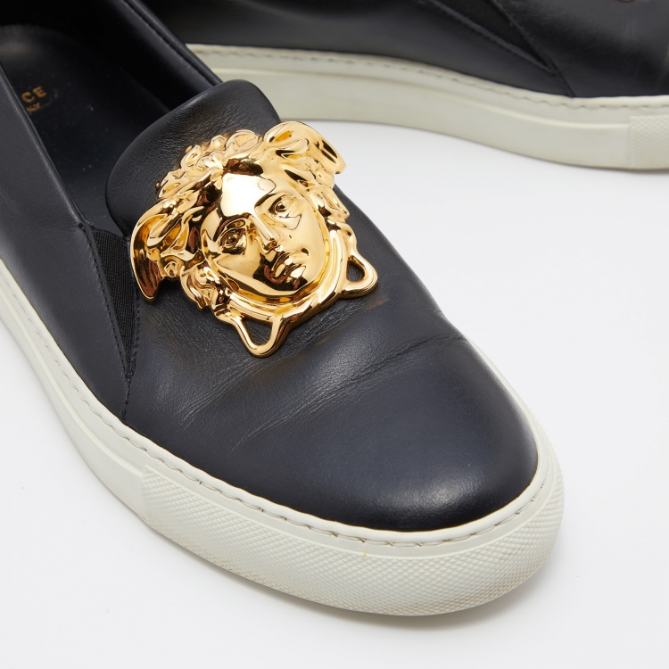 Pre Owned Versace Black Leather Palazzo Medusa Slip On Sneakers Size 38