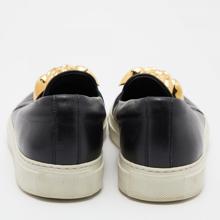 Pre Owned Versace Black Leather Palazzo Medusa Slip On Sneakers Size 38