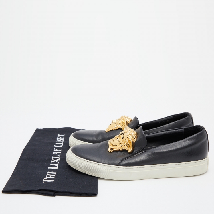 Pre Owned Versace Black Leather Palazzo Medusa Slip On Sneakers Size 38