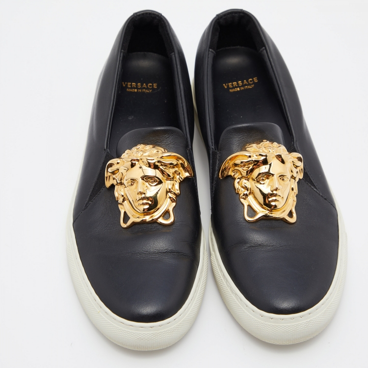Pre Owned Versace Black Leather Palazzo Medusa Slip On Sneakers Size 38
