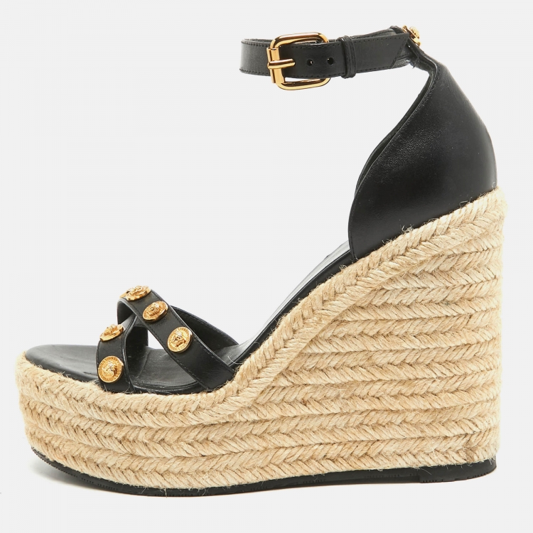 Pre Owned Versace Black Leather Wedge Ankle Strap Sandals Size 38
