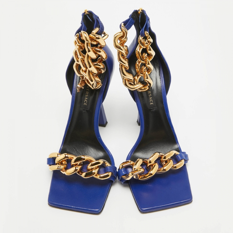 Pre Owned Versace Blue Leather Ankle Strap Sandals Size 38