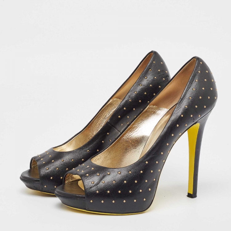 Pre Owned Versace Black Studded Leather Open Toe Pumps Size 38