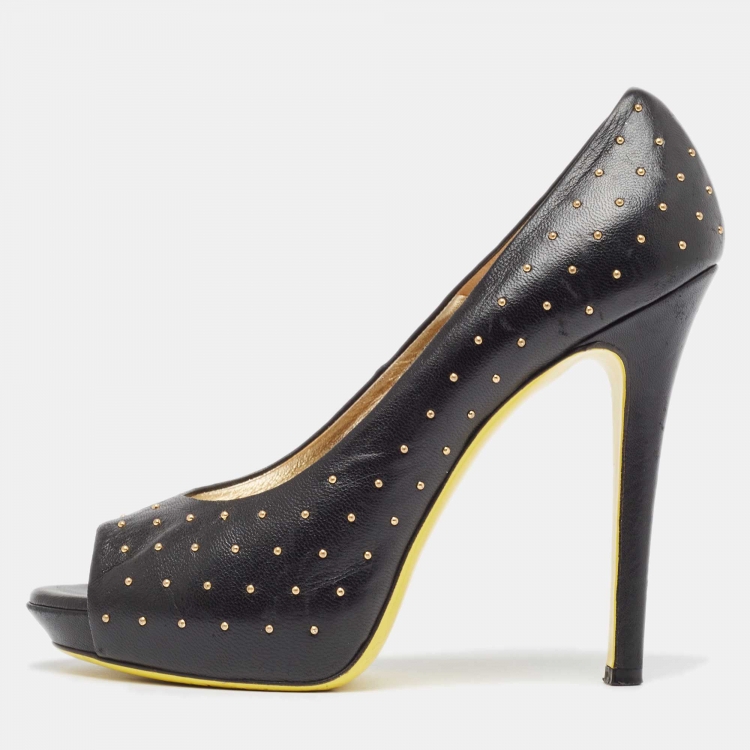 Pre Owned Versace Black Studded Leather Open Toe Pumps Size 38