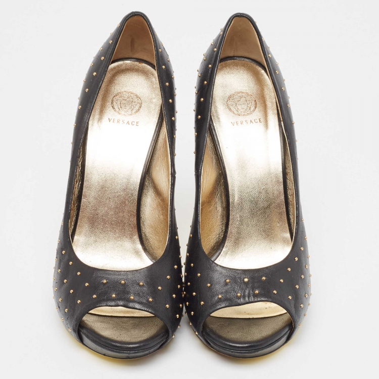 Pre Owned Versace Black Studded Leather Open Toe Pumps Size 38