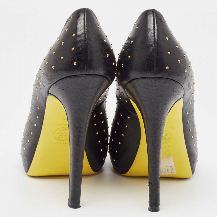Pre Owned Versace Black Studded Leather Open Toe Pumps Size 38