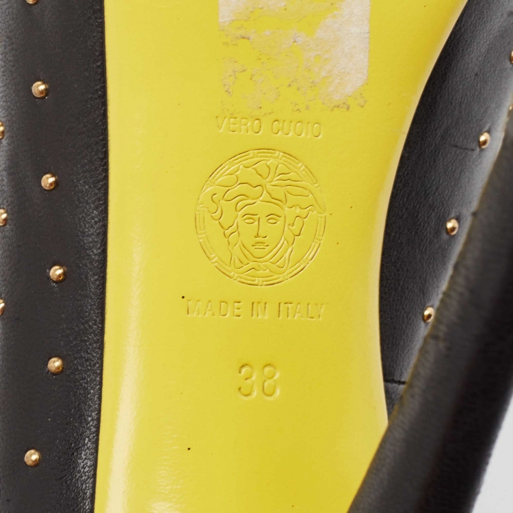 Pre Owned Versace Black Studded Leather Open Toe Pumps Size 38