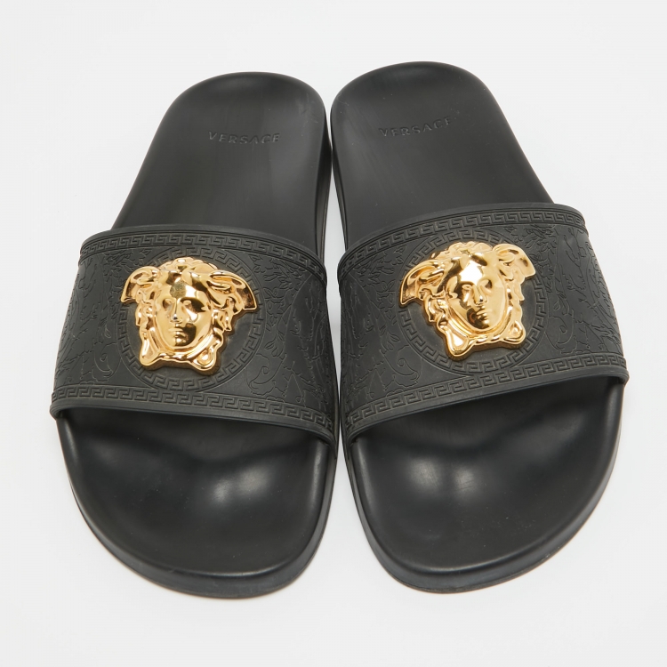 Pre Owned Versace Black Rubber Palazzo Pool Slides Size 39.5