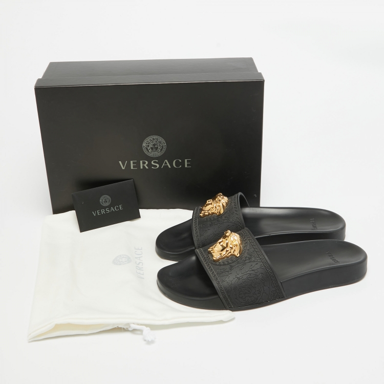 Pre Owned Versace Black Rubber Palazzo Pool Slides Size 39.5