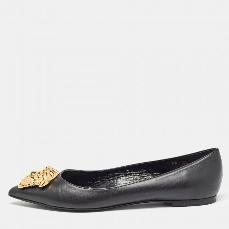 Pre Owned Versace Black Leather Medusa Ballet Flats Size 38