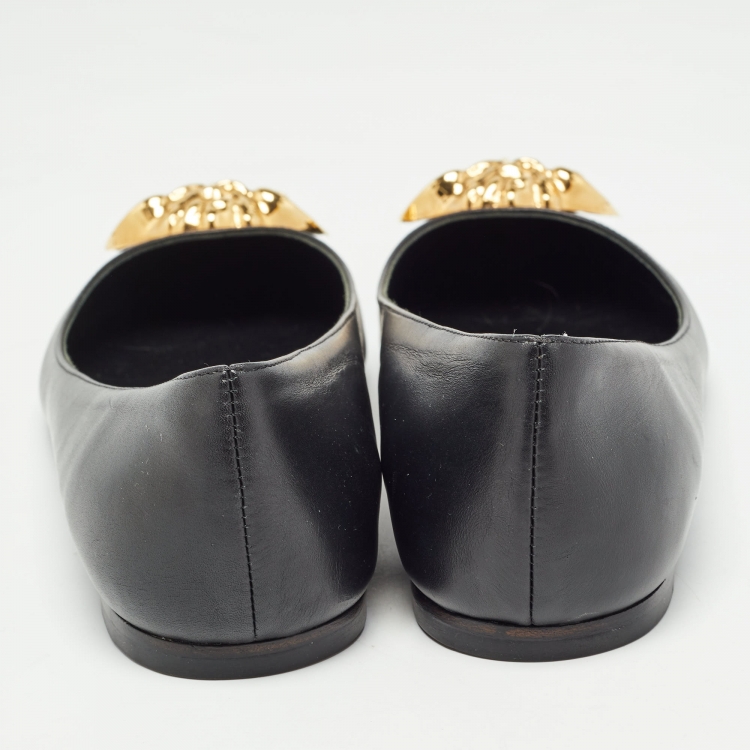 Pre Owned Versace Black Leather Medusa Ballet Flats Size 38
