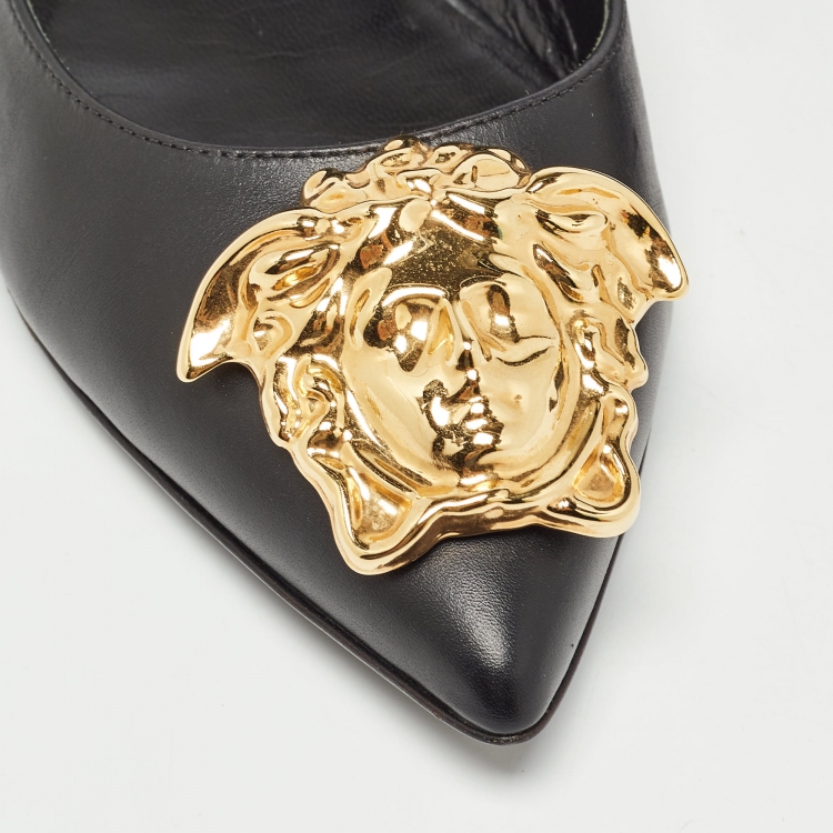 Pre Owned Versace Black Leather Medusa Ballet Flats Size 38