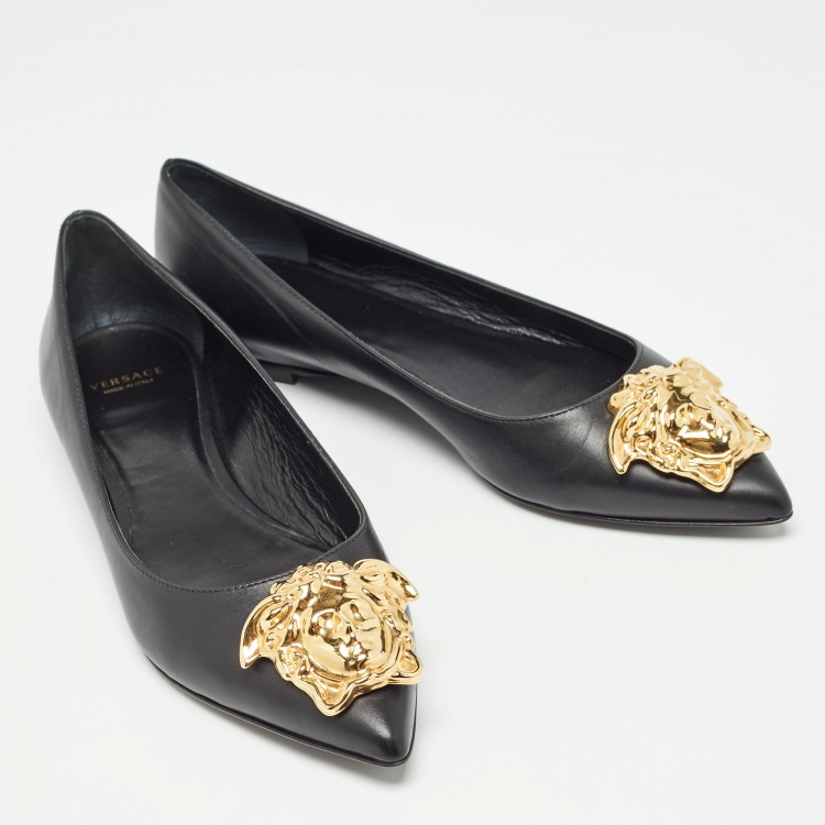 Pre Owned Versace Black Leather Medusa Ballet Flats Size 38