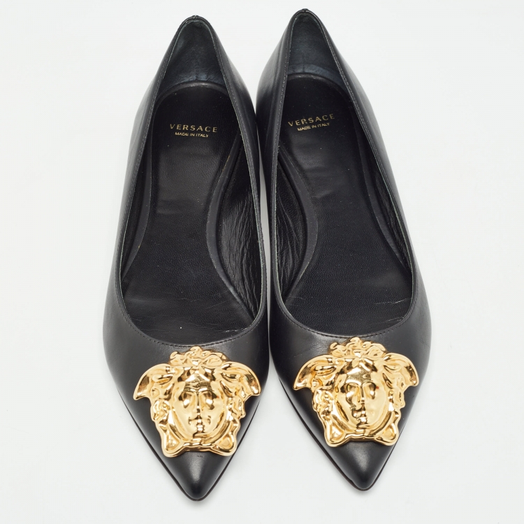 Pre Owned Versace Black Leather Medusa Ballet Flats Size 38