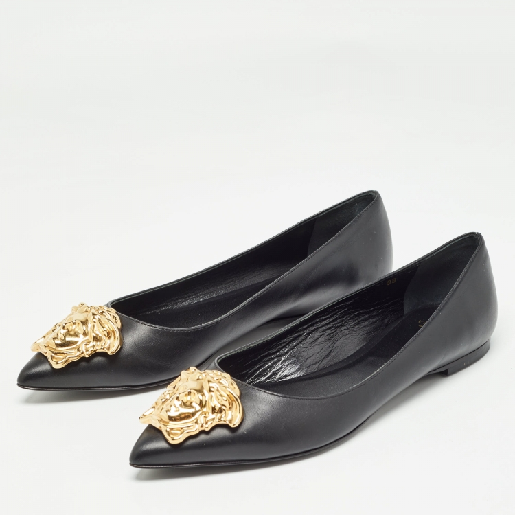 Pre Owned Versace Black Leather Medusa Ballet Flats Size 38