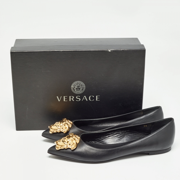 Pre Owned Versace Black Leather Medusa Ballet Flats Size 38