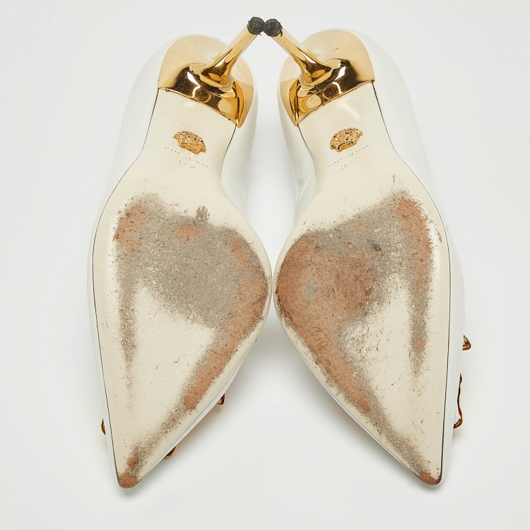 Pre Owned Versace White Leather Palazzo Pointed Toe Pumps Size 37.5