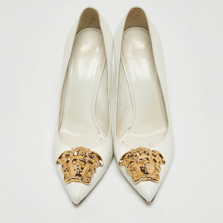 Pre Owned Versace White Leather Palazzo Pointed Toe Pumps Size 37.5