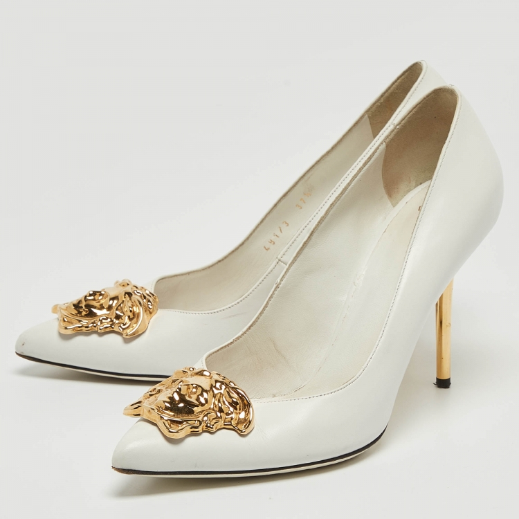 Pre Owned Versace White Leather Palazzo Pointed Toe Pumps Size 37.5