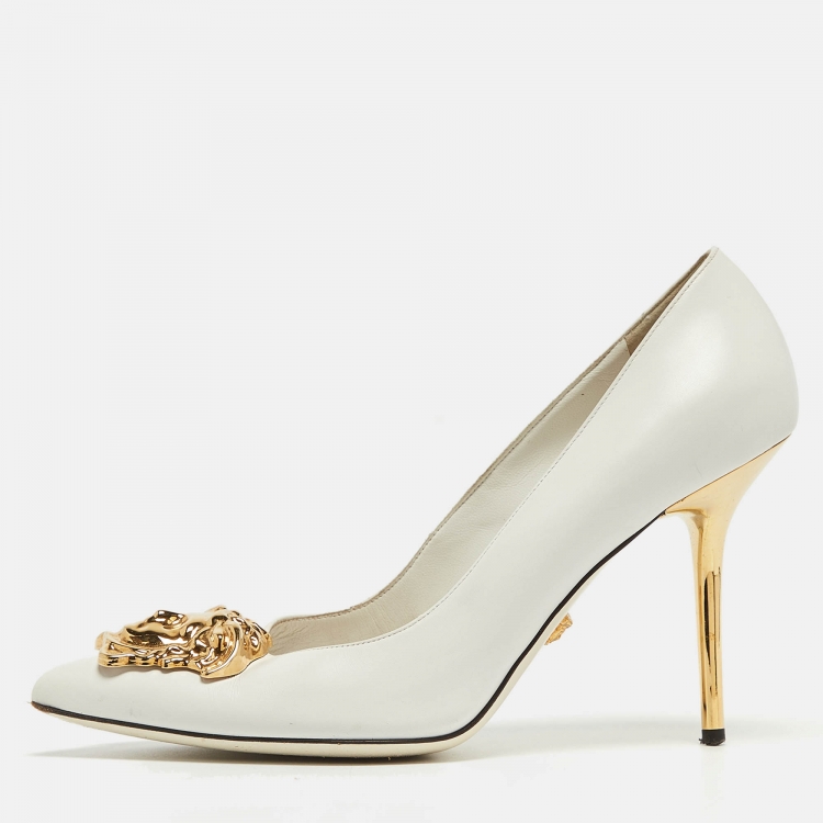 Pre Owned Versace White Leather Palazzo Pointed Toe Pumps Size 37.5
