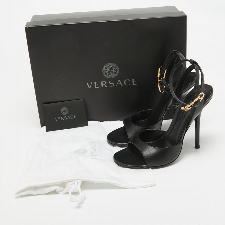 Pre Owned Versace Black Leather Ankle Strap Sandals Size 37