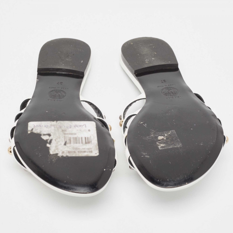 Pre Owned Versace White Leather Studded Flat Slides Size 37