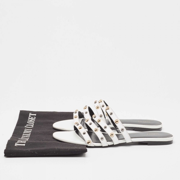 Pre Owned Versace White Leather Studded Flat Slides Size 37