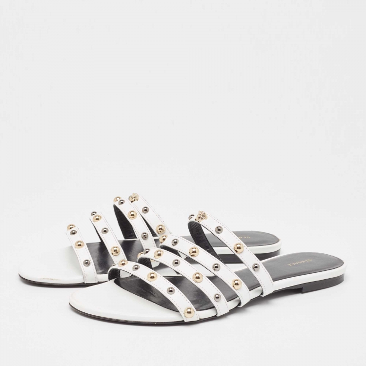 Pre Owned Versace White Leather Studded Flat Slides Size 37