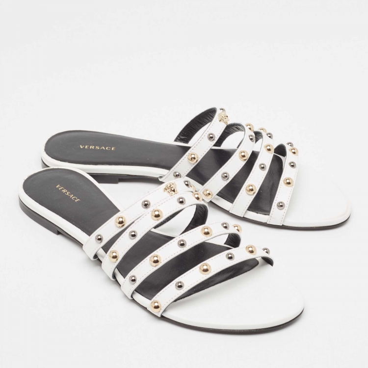Pre Owned Versace White Leather Studded Flat Slides Size 37