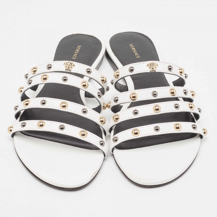Pre Owned Versace White Leather Studded Flat Slides Size 37