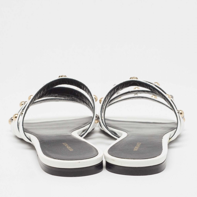 Pre Owned Versace White Leather Studded Flat Slides Size 37