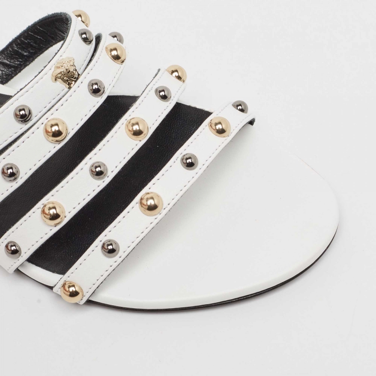 Pre Owned Versace White Leather Studded Flat Slides Size 37
