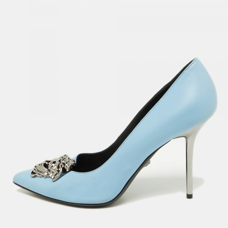 Pre Owned Versace Blue Leather Medusa Pointed Toe Pumps Size 40