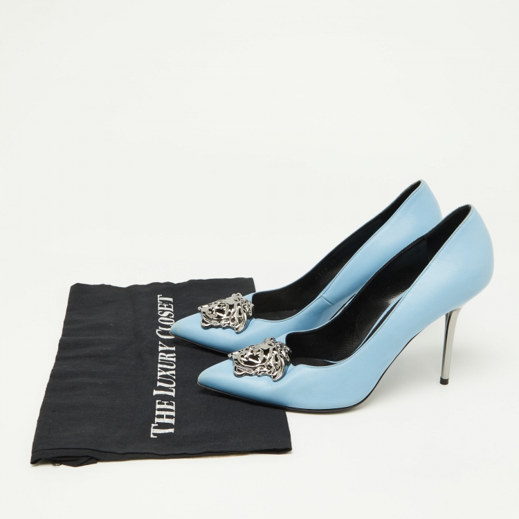 Pre Owned Versace Blue Leather Medusa Pointed Toe Pumps Size 40