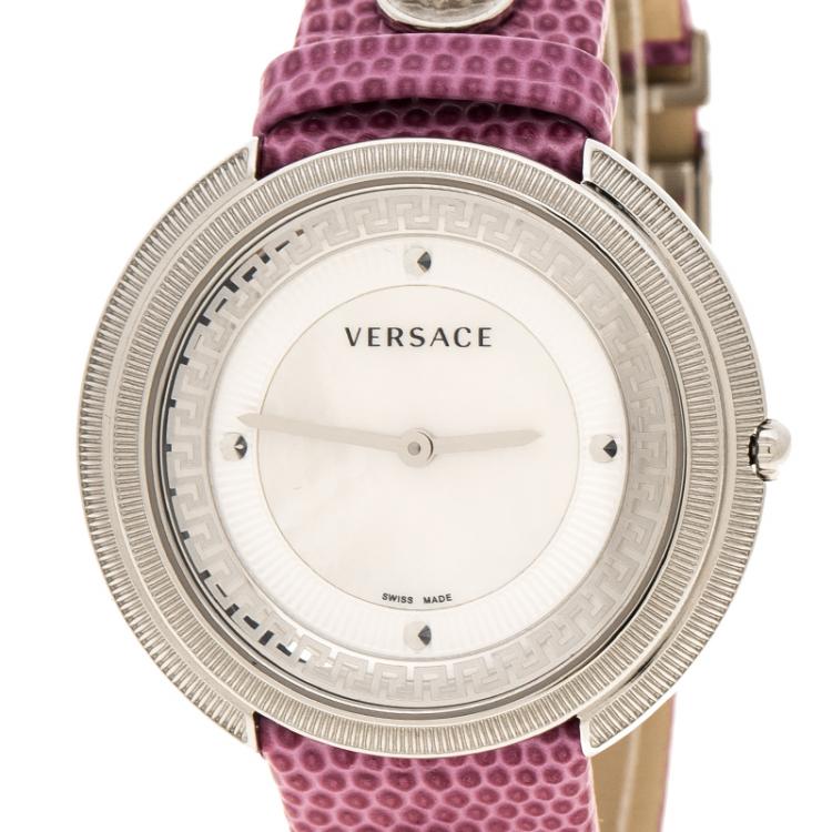Pre Owned Versace White Mother of Pearl Stainless Steel Thea A7Q Women's Wristwatch 39 mm