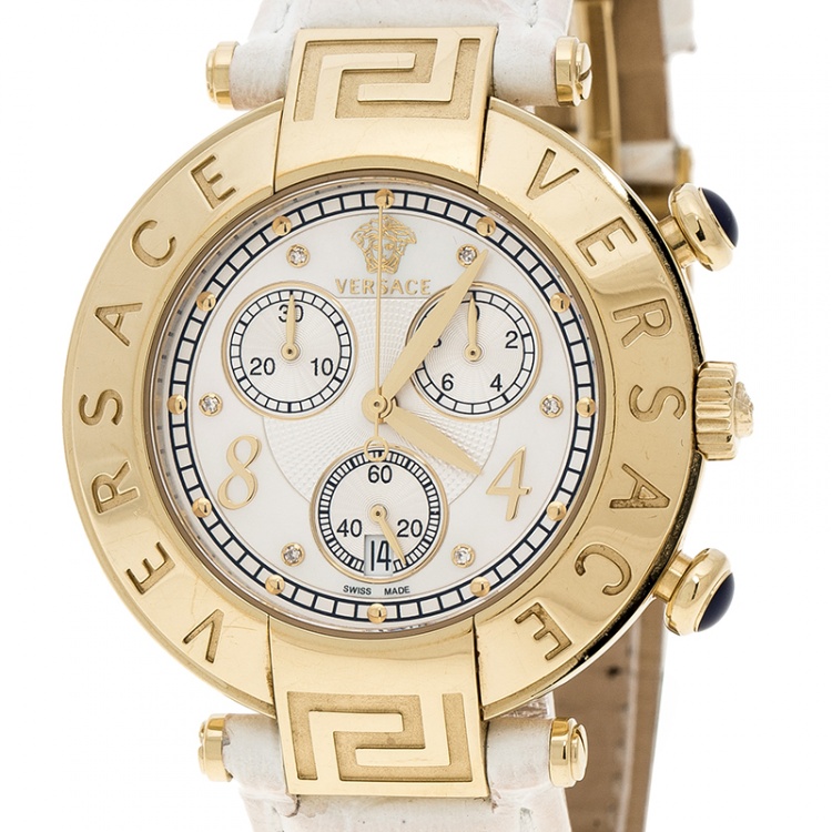 Pre Owned Versace White Mother of Pearl Gold Plated Steel Aion 68C Women's Wristwatch 40 mm