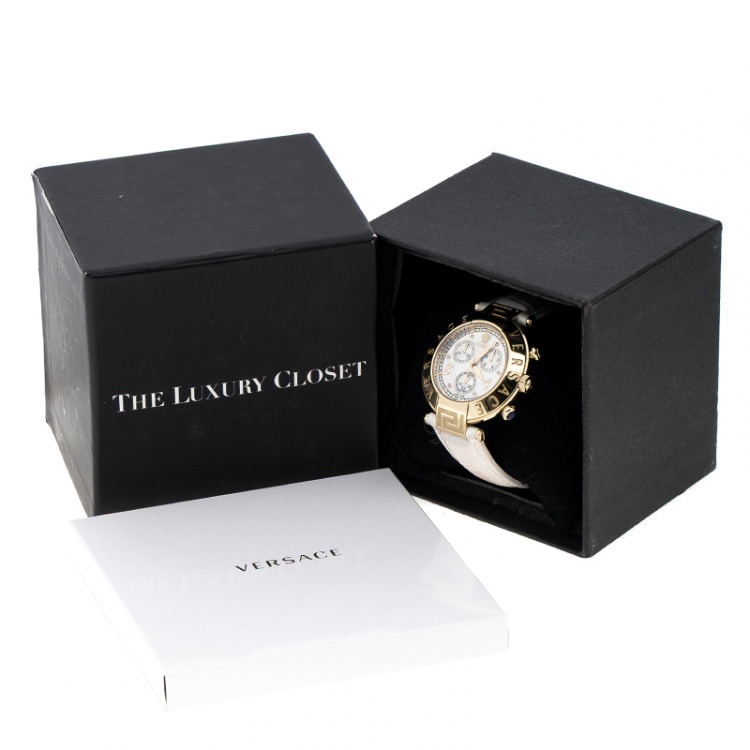 Pre Owned Versace White Mother of Pearl Gold Plated Steel Aion 68C Women's Wristwatch 40 mm