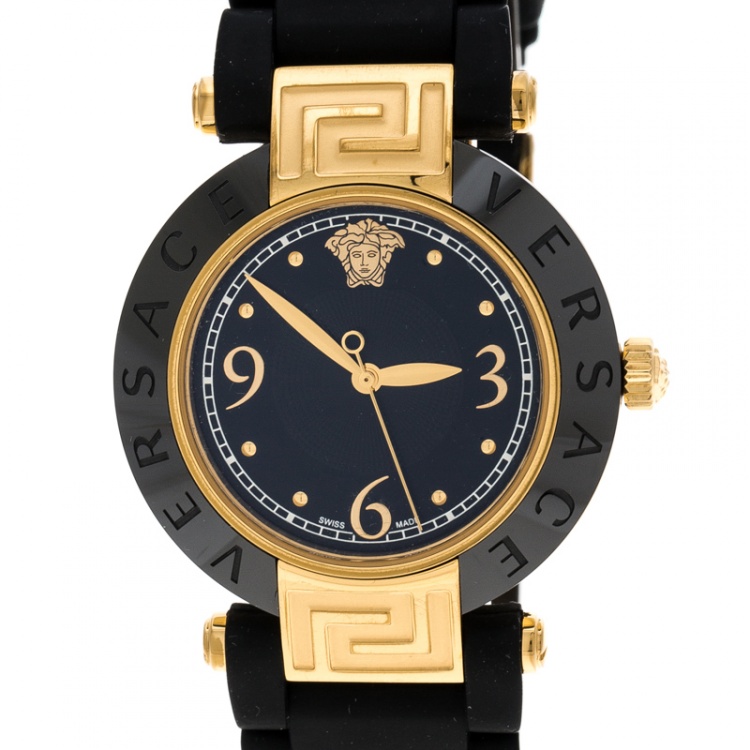 Pre Owned Versace Black Gold Plated Steel Ceramic Reve 92Q Women's Wristwatch 35 mm