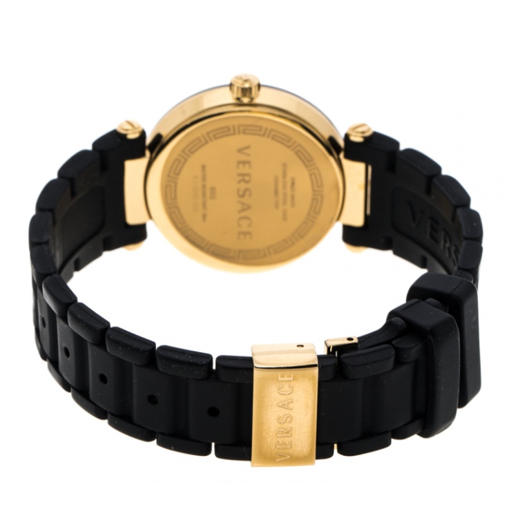 Pre Owned Versace Black Gold Plated Steel Ceramic Reve 92Q Women's Wristwatch 35 mm