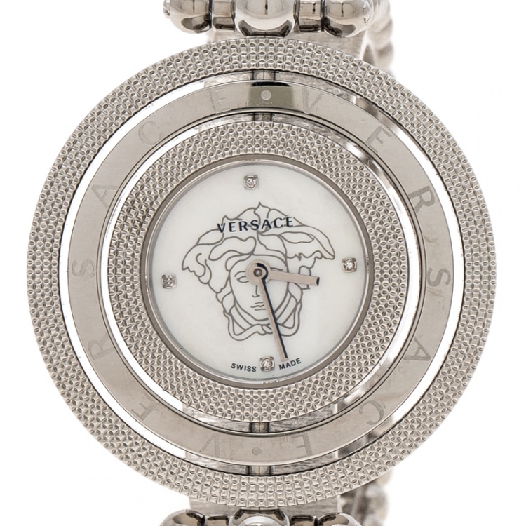 Pre Owned Versace Mother of Pearl Stainless Steel Eon 80Q Women's Wristwatch 39 mm