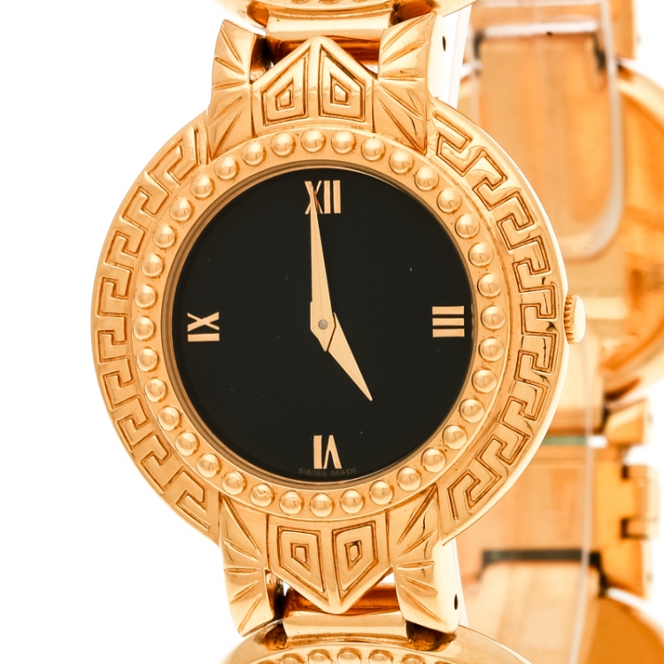 Pre Owned Versace Black Gold Tone Medusa Icon Women's Wristwatch 30 mm