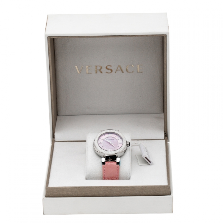 Pre Owned Versace Pink Mother of Pearl Stainless Steel Leda VNC Women's Wristwatch 38 mm
