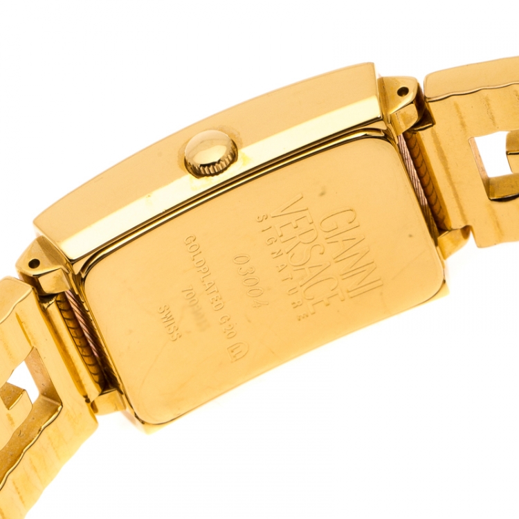 Pre Owned Versace Black 18K Yellow Gold Plated Stainless Steel Signature Medusa Women's Wristwatch 25 mm