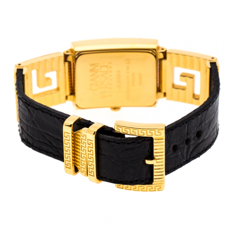 Pre Owned Versace Black 18K Yellow Gold Plated Stainless Steel Signature Medusa Women's Wristwatch 25 mm