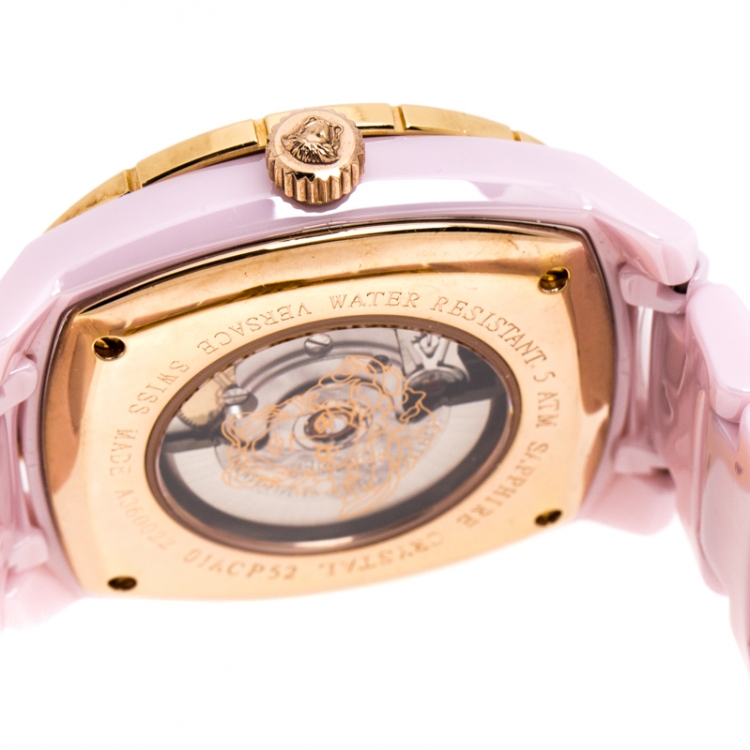 Pre Owned Versace Mother of Pearl Pink Ceramic Pink Sapphire Rose Gold Plated Stainless Steel DV One A360022 Women's Wristwatch 40 mm