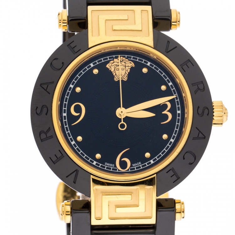 مملوكة مسبقًا Versace Black Gold Plated Steel Ceramic Reve 92Q Women's Wristwatch 35 mm