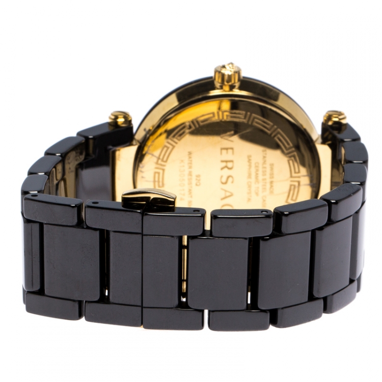 مملوكة مسبقًا Versace Black Gold Plated Steel Ceramic Reve 92Q Women's Wristwatch 35 mm