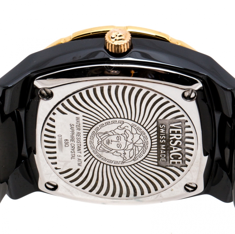 Pre Owned Versace Black Ceramic Rose Gold Stainless Steel Diamonds DV One Glamour 63Q Men's Wristwatch 34 mm