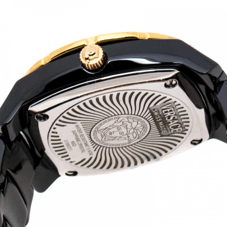 Pre Owned Versace Black Ceramic Rose Gold Stainless Steel Diamonds DV One Glamour 63Q Men's Wristwatch 34 mm