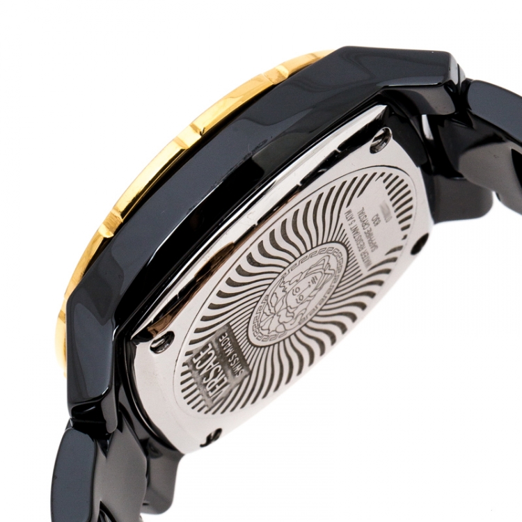 Pre Owned Versace Black Ceramic Rose Gold Stainless Steel Diamonds DV One Glamour 63Q Men's Wristwatch 34 mm